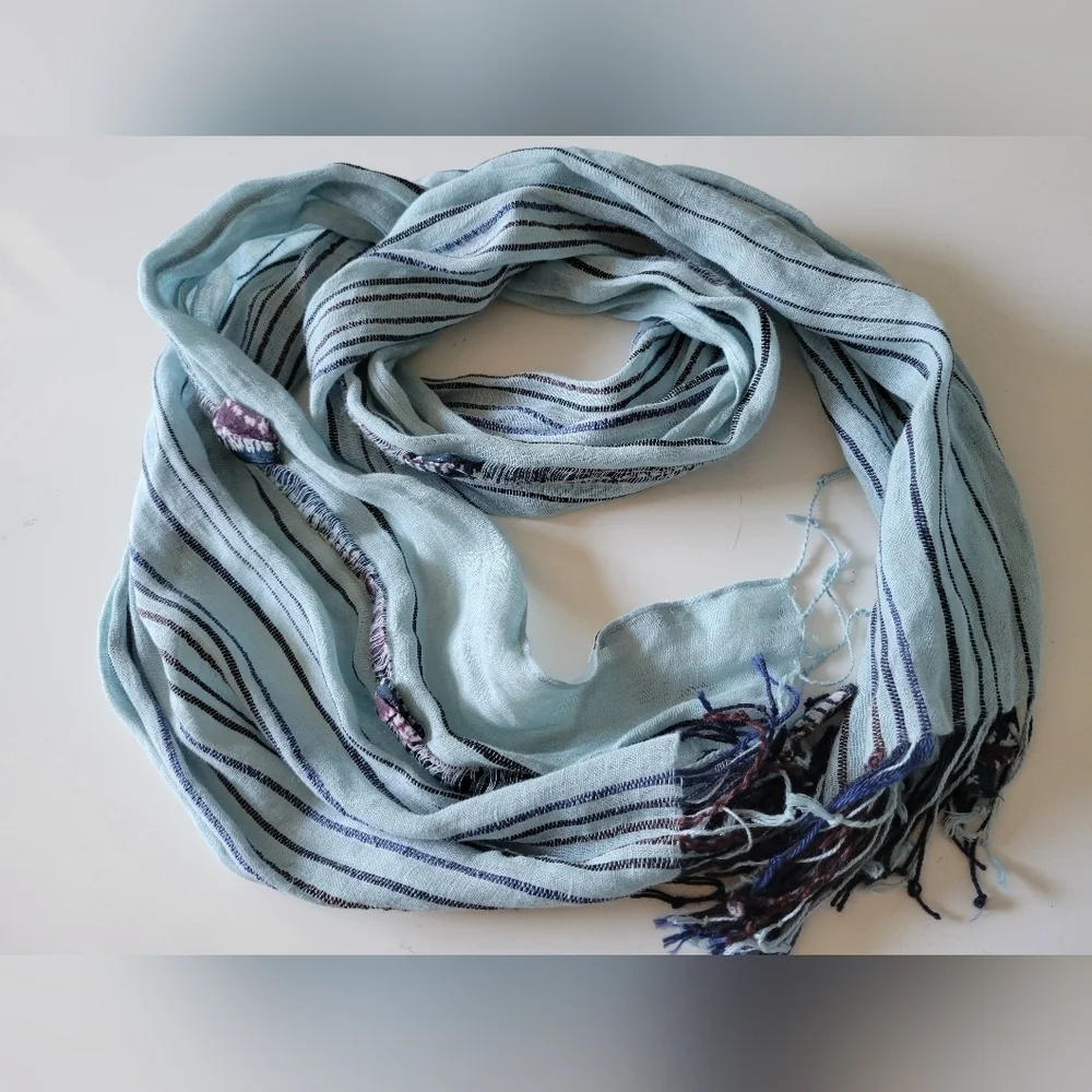 Coldwater Creek Linen Blend Striped Scarf Blue 78 